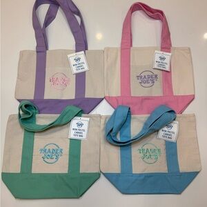 NWT Trader Joe’s Mini Pastel Canvas Tote Bag Set of 4 Pink Mint Teal Lavender